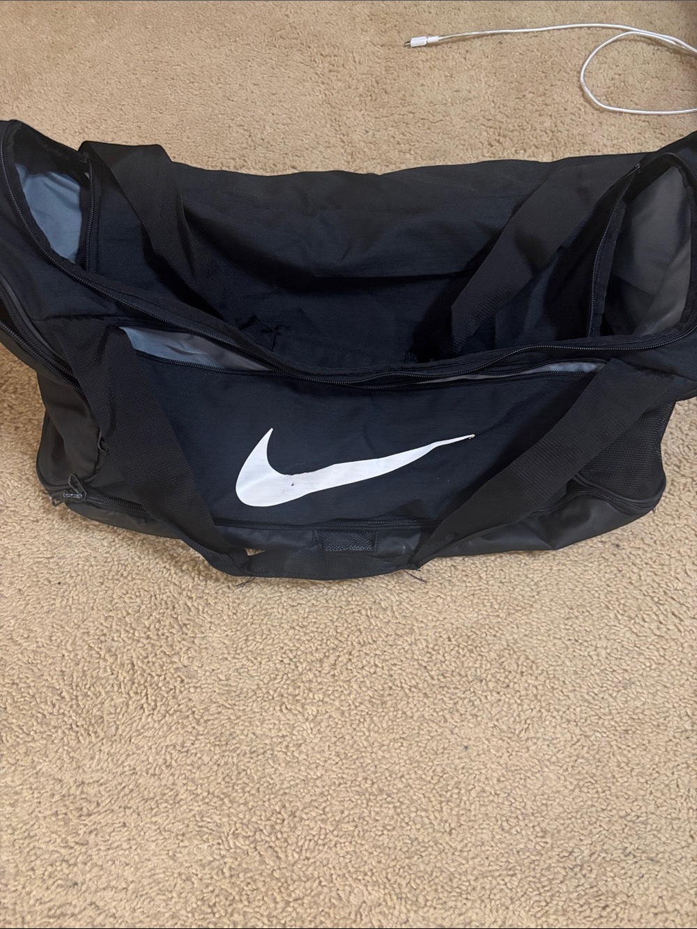 Nike Black Duffel with White Swoosh Logo